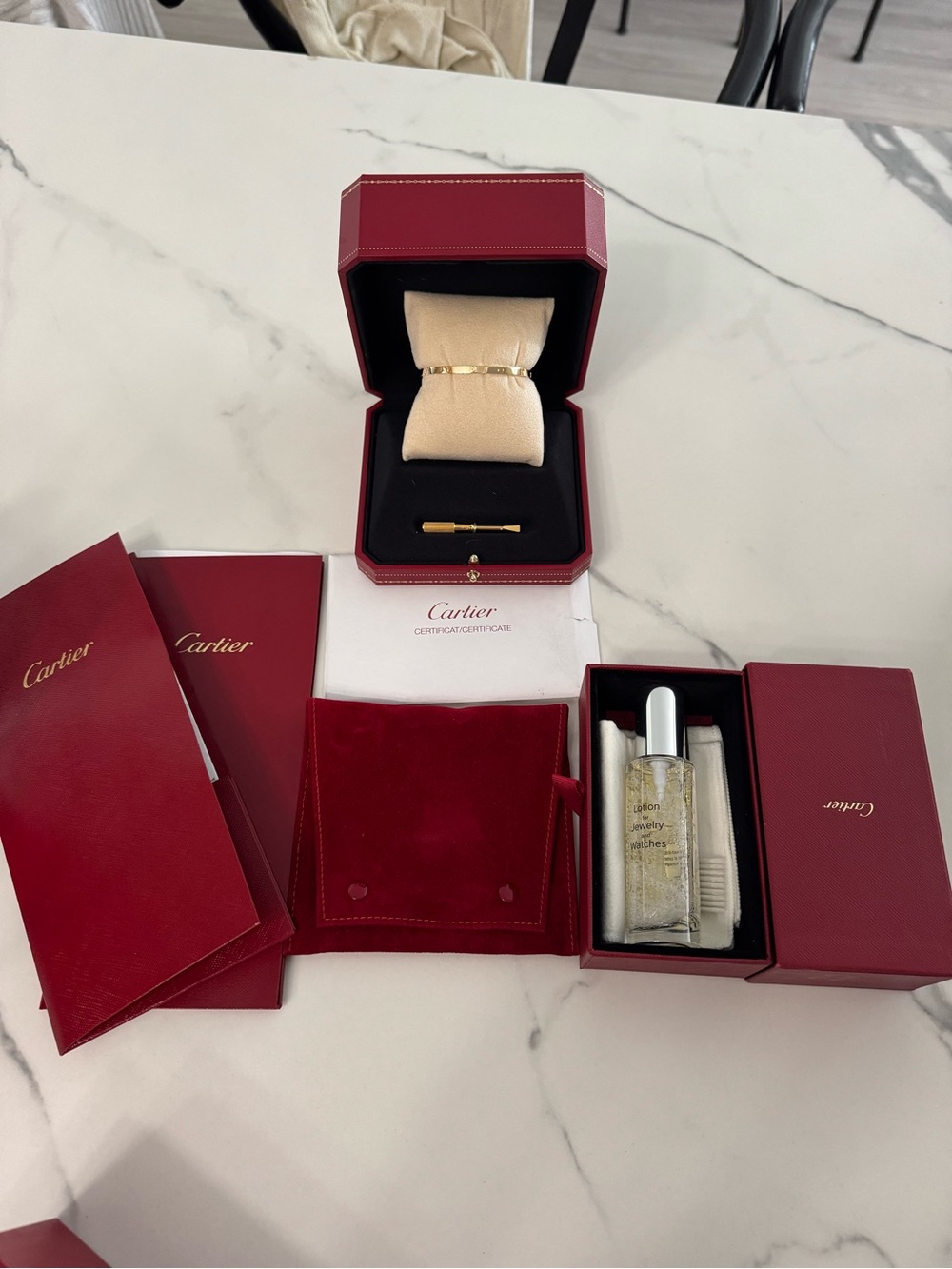 Cartier Gold Bracelet Set with Red Presentation Boxes and Cream Cushion - Picture 2 of 11